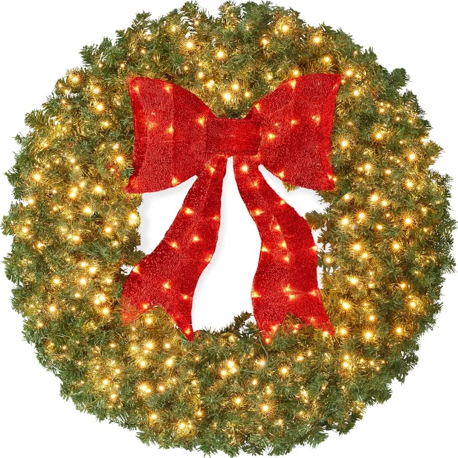 

36in Large Artificial PreLit Fir Christmas Wreath Holiday Accent Decoration for Door Mantel Wall Display with Red Lighted Bow 1