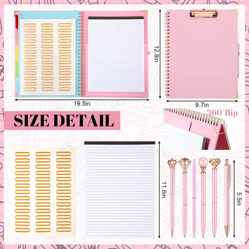 Set pulpen ปากกาลูกลื่นแผ่นจดแบบเติมได้5แผ่นแบ่งเป็น10ช่องเก็บของคลิปบอร์ดเชื่อมปากกาเพชรคริสตัลสำหรับโรงเรียน