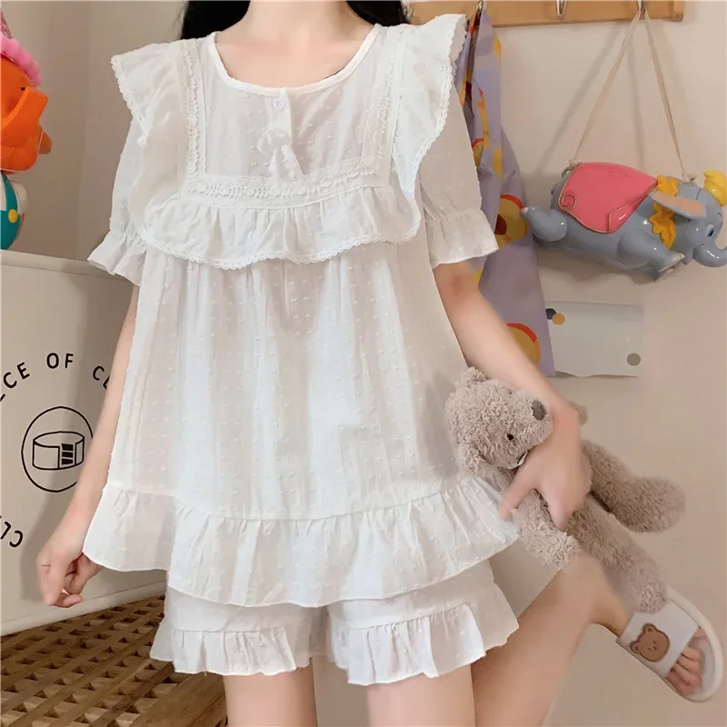 lolita princes white pure cotton pajama set women sleepwear 2 piece set short sleeve summer girls loungewear home suit Y720