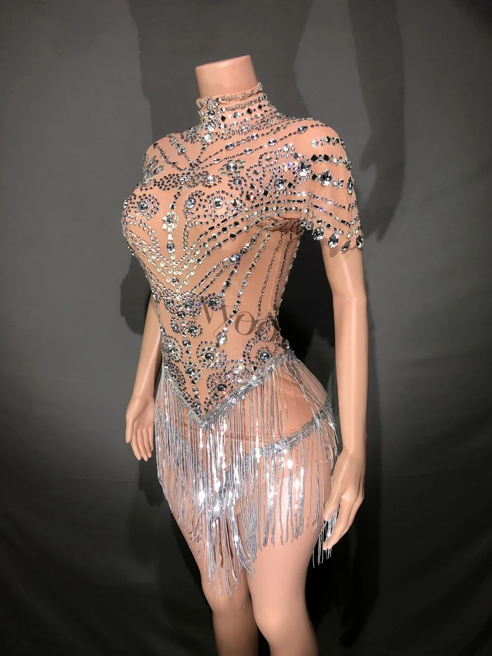 Błyszczące dżetów cekinowa sukienka seksowna siatka przepuszczalna piosenkarka tancerz strój sceniczny wydajność kostium taneczny strój urodzinowy