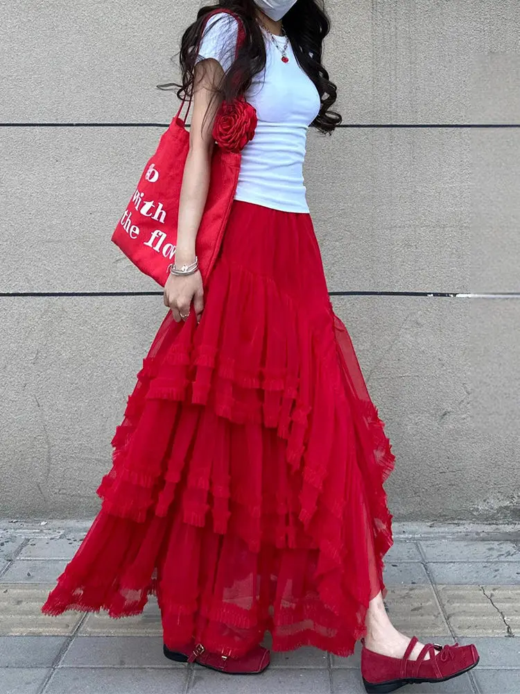 

2025 Bohemian Casual Womens Irregular Long Skirt Lace High Waist Pleated Tutu Skirt Elegant Ladies Wild Red Dating Maxi Skirts D