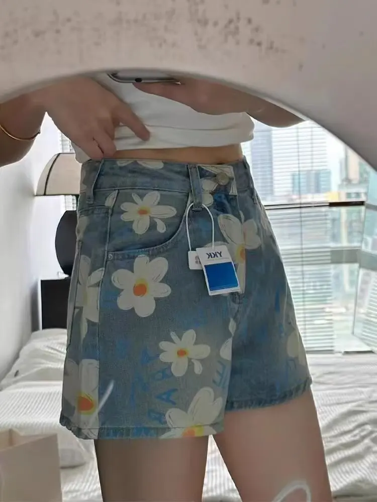 Shorts Womens Y2K Harajuku Hip Hop Gothic Flower Print Retro Baggy Denim Shorts Girl New High Waist Slim Mini Shorts Skirt