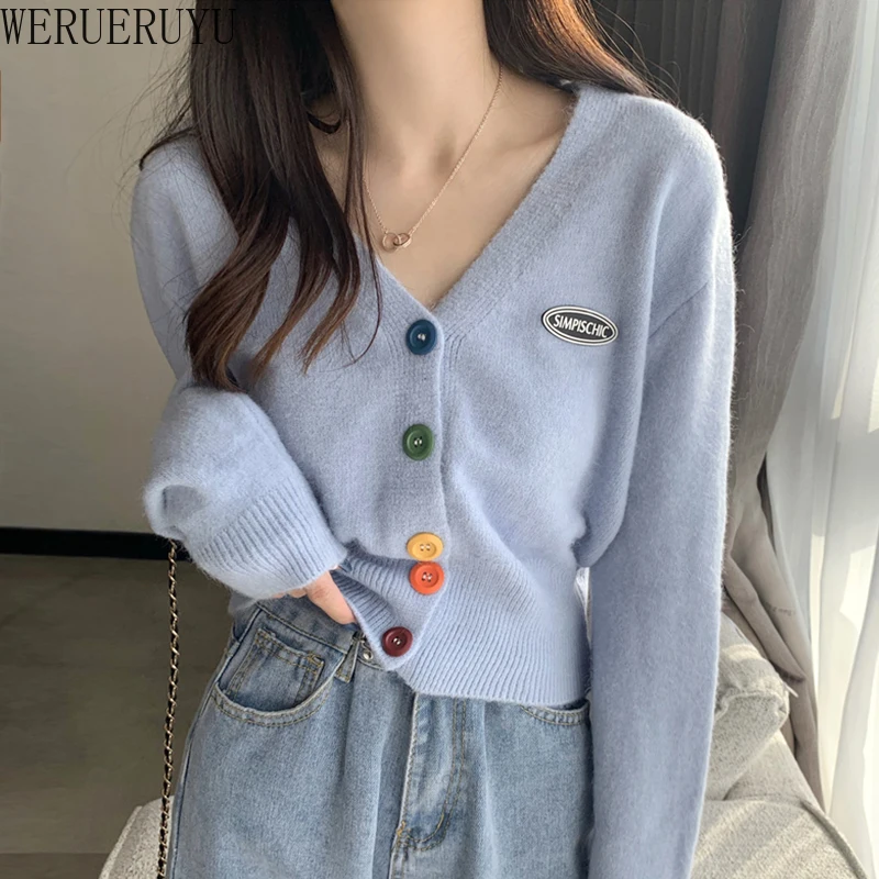 WERUERUYU Early Autumn New 2020 Autumn Knit Sweater Top V Neck French Soft Milk Blue Sweater For Women Light Languid