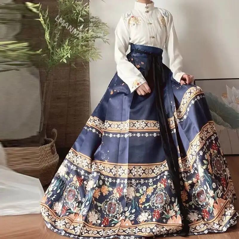 Ming Dynasty Hanfu Horse Face Skirt Women Pleats Skirt Black Blue Red Shirt+Skirt Sets Chinese Traditional Hanfu Skirt Plus Size