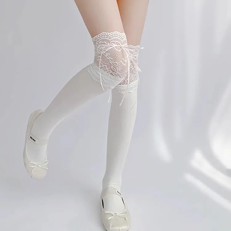 Calcetines Lolita con lazo de encaje para mujer japonesa hasta la rodilla calcetines de tubo alto de encaje atados con cintas calcetines blancos hasta la pantorrilla
