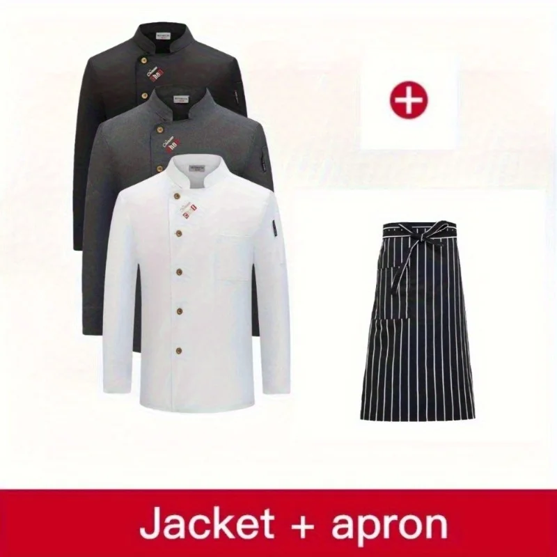 

2 Pieces Sets Long Sleeved Shirt and Apron Chef's Work Uniform with Long Sleeves Cook Uniform Bakery Breathable Cooking Clothes
