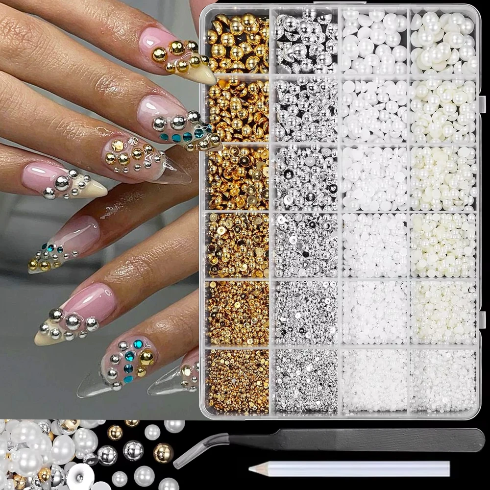 24 griglie miste perle decorazioni per unghie artistiche 3D semicircolari perle flatback oro argento caviale perline per gioielli fai da te accessori 2-8mm