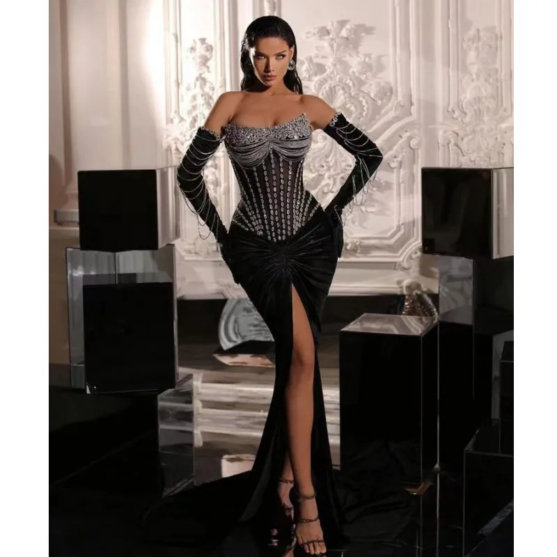 

2025Новое поступление, модные чехлы на рукава, супер блестящие стразы, сексуальное черное платье без бретелек с высоким разрезом, Haute Couture, красная дорожка
