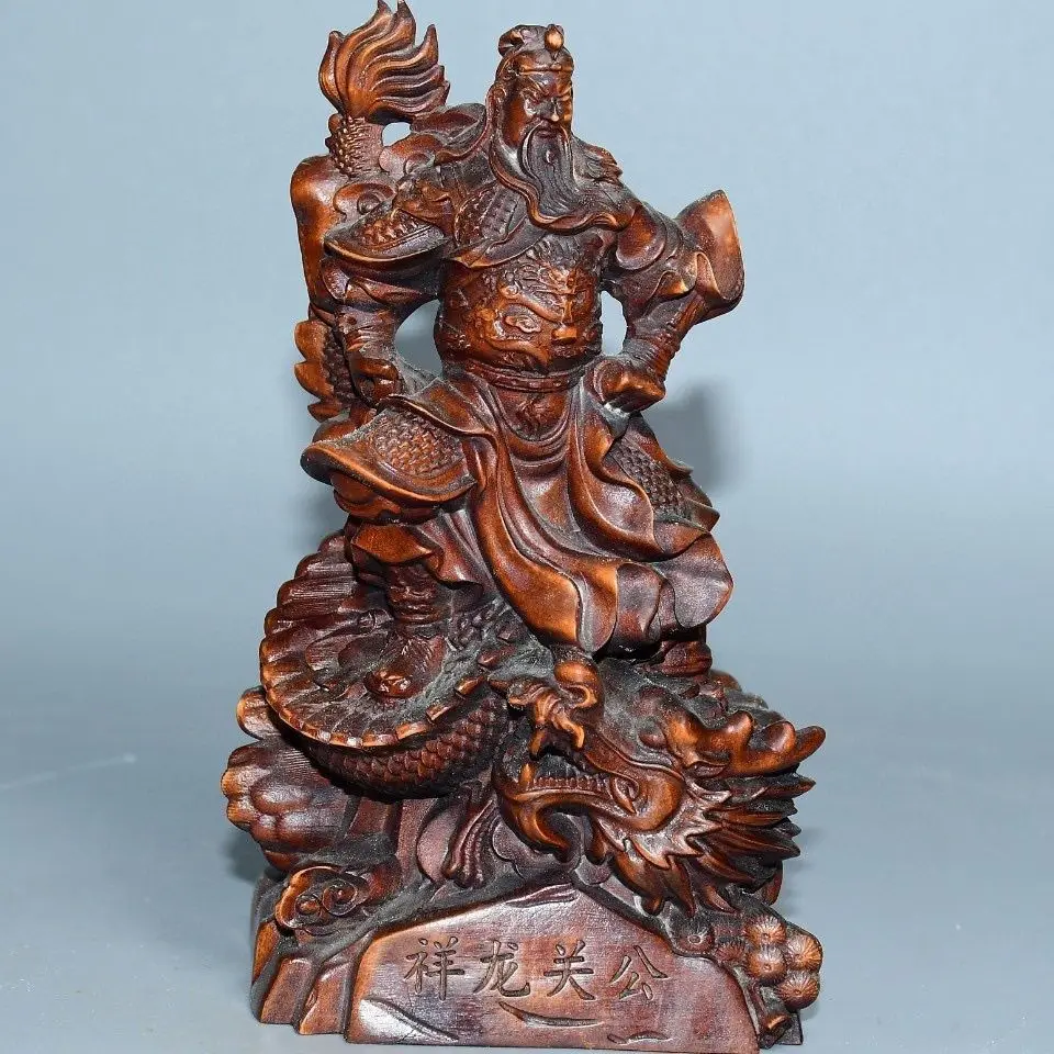 Hand Carved Wood Dragon subduing guan gong Statue Figurine Desktop Ornaments Home Decoration