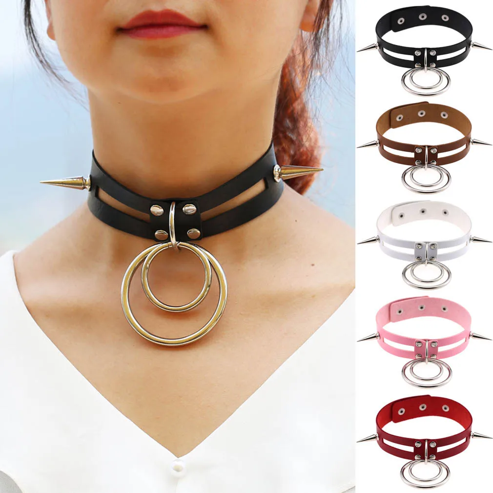 Punk Gothic Exaggeration Personality O-shaped metal ring Rivets Multicolored Leather Alloy Necklace Clavicle chain Nightclub