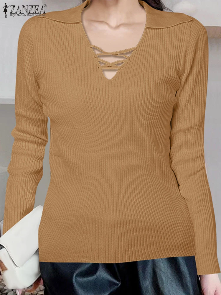 Mode Frau Pullover Herbst Casual Pullover Gestrickte Tops ZANZEA Solide Rippen Pendeln Pullover Elegante Spitze-Up V-ausschnitt Jumper