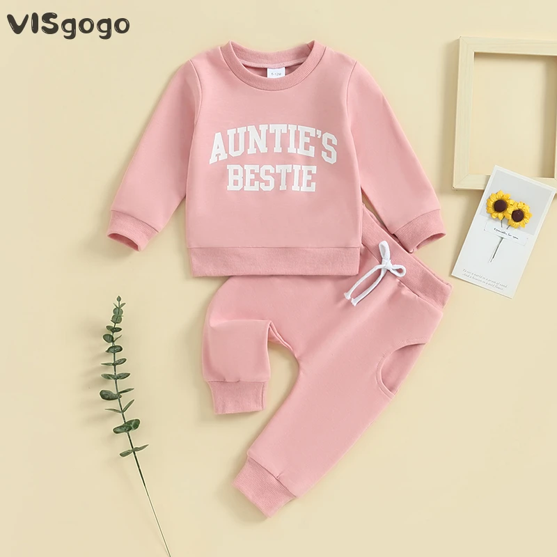 

VISgogo 2pcs Baby Girls Spring Fall Outfit Letters Print Long Sleeve Crew Neck Sweatshirt with Elastic Waist Sweatpants Clothes