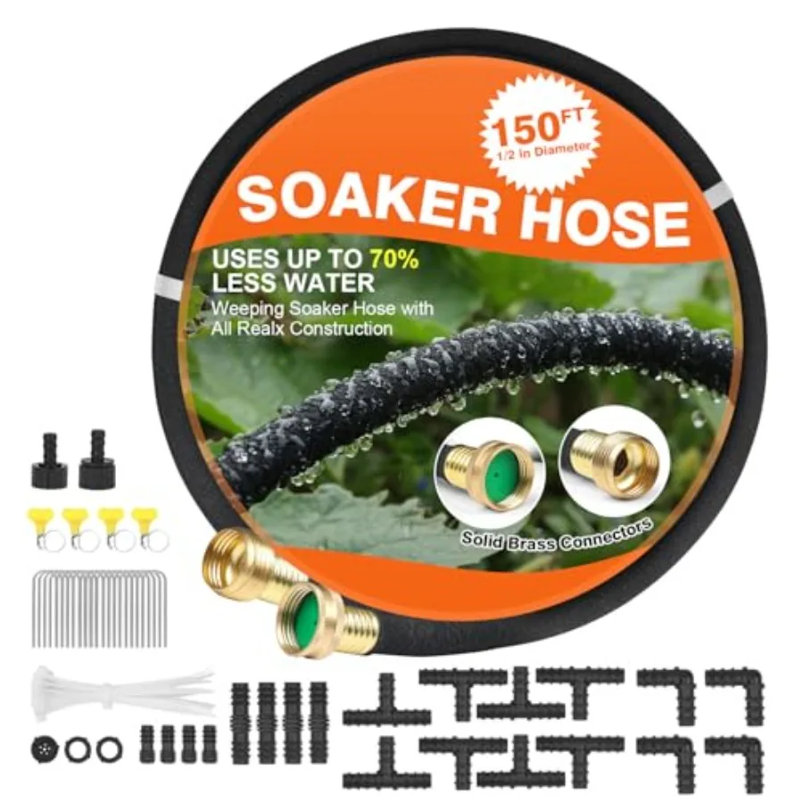 

150 FT 1/2 Diameter Soaker Hose for Garden Lawn and Garden Bed Cover with Solid Brass Interface Saves 70 Water
