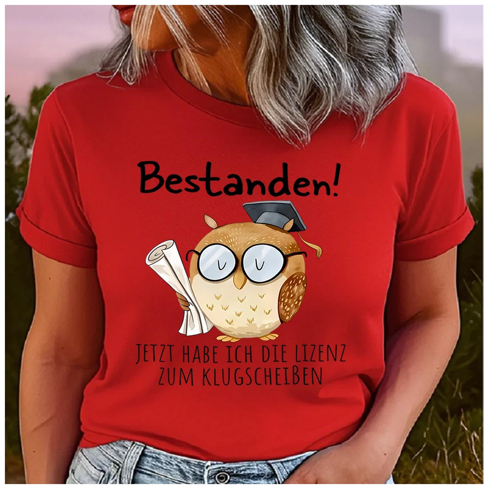 Cotton 100% Women Graduation Owl Print T Shirt German Quote Graphic Round Neck Short Sleeve Casual Summer Ladies Gift Tees