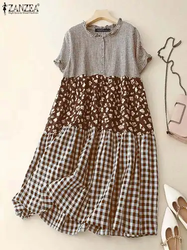 ZANZEA-vestido largo a cuadros para mujer, vestido camisero plisado con costuras para vacaciones de verano, bata informal holgada de manga corta, vestido veraniego a la moda 2024