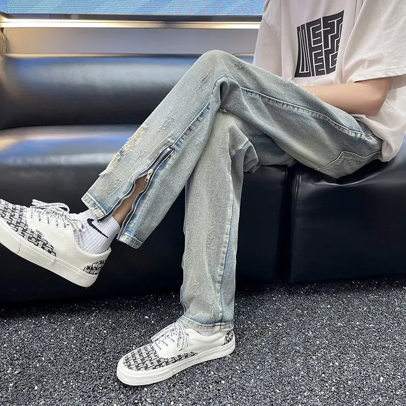 

2024 Men Spring Autumn Fashion High Waist Holes Jeans Men's Streetwear Long Denim Pants Male Casual Straight Trousers F637