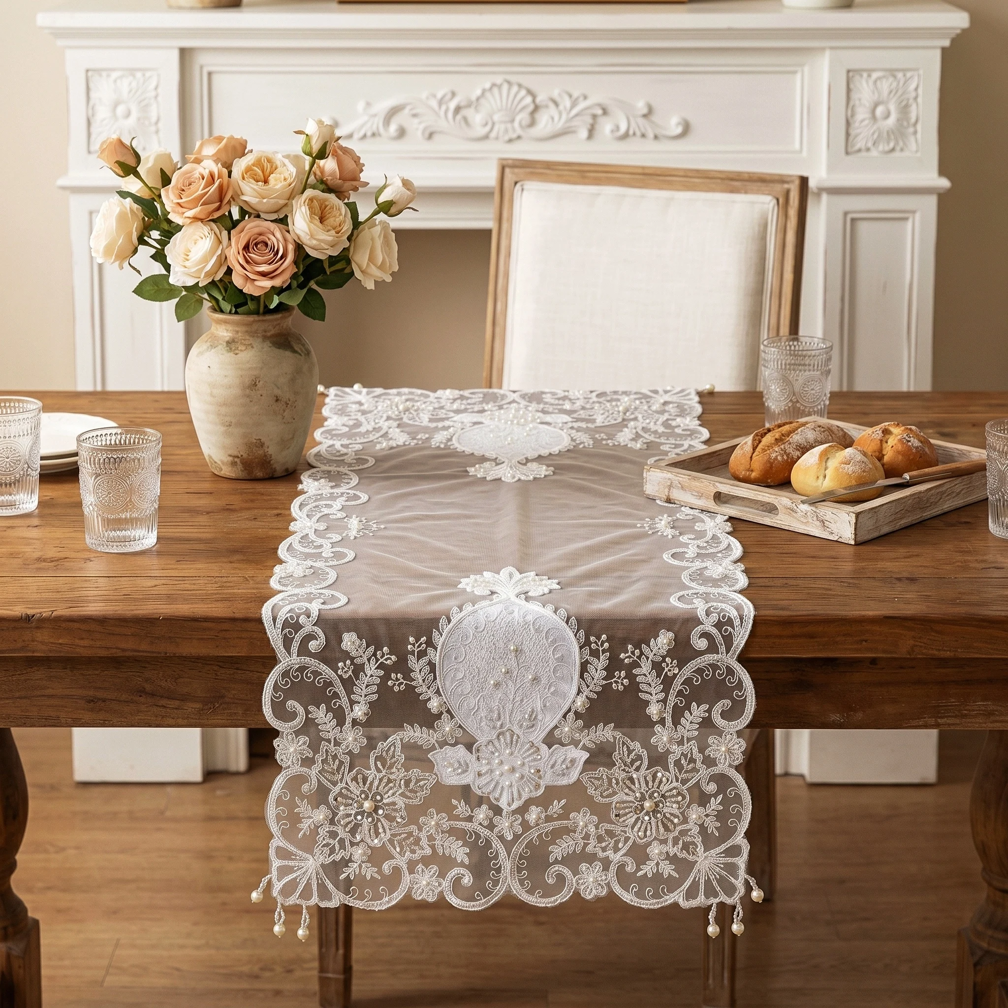 White Wedding Tablecloth Elegant Embroidery Table Runner Piano Dust Cover Beaded Placemat Decorative Dining Centerpiece