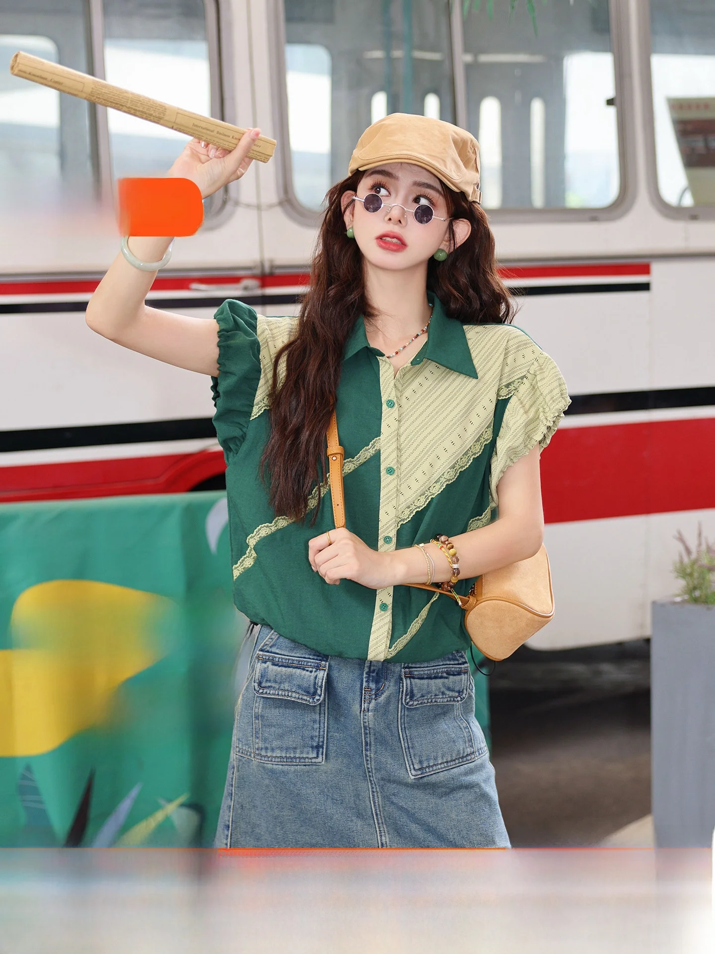 

Chen Jiajie Vintage Striped Summer irt Women's Loose Splicing Design Versatile Top Breathable Cotton Blend ort Sve Pol...