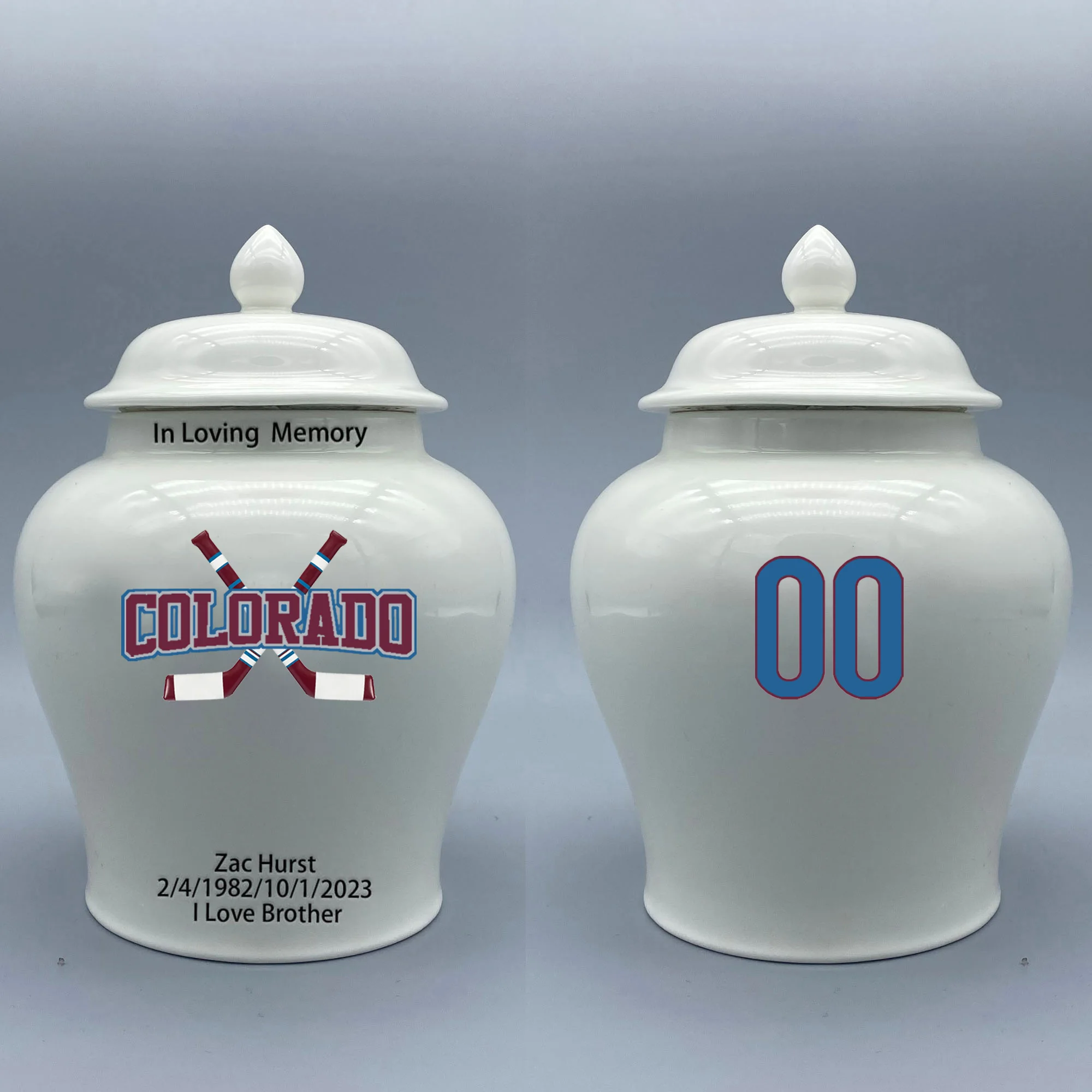 

Medium Urn for Colorado Avalanche-themed Hockey Urn.Please send me the customize information-name/date and number on the urn