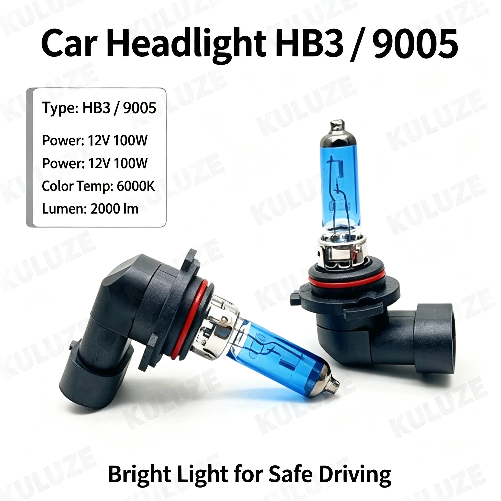 2 Pcs HB3 Headlight Lamps 9005 Super White 12V 100W Halogen Car Bulbs 6000K High Beam Platinum Quartz Glass for Vehicle
