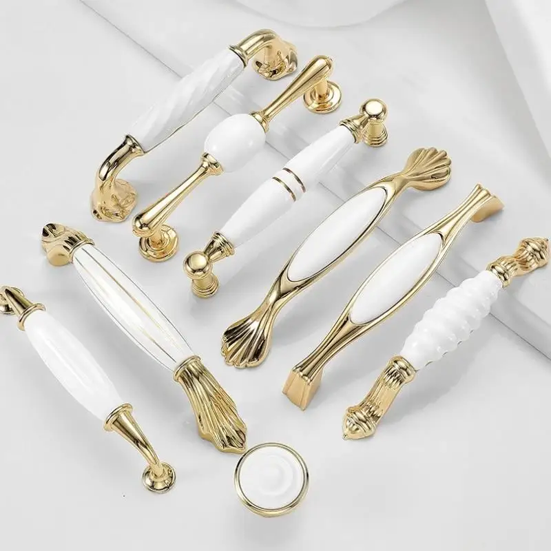 Golden Kitchen Cupboard Door Handles Drawer Knobs European Zinc Alloy White Furniture Pulls Fashion Ceramic Cabinet Handles