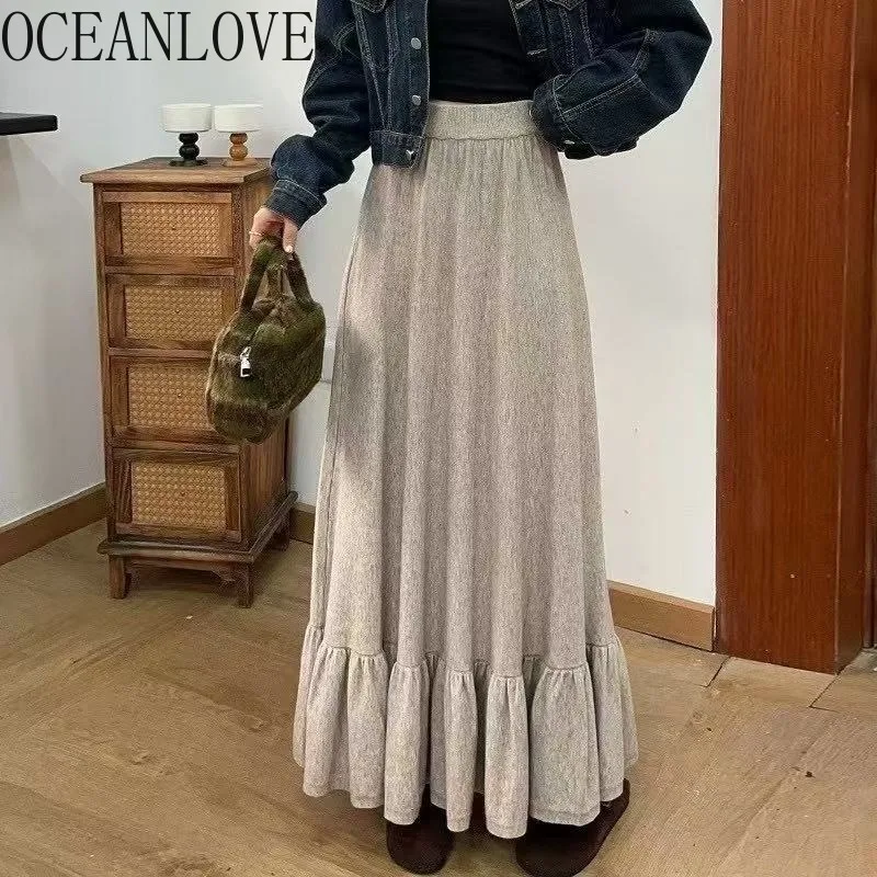 

OCEANLOVE вязаные женские юбки с оборками, толстая теплая элегантная длинная юбка трапециевидной формы, корейская мода, винтажная милая шикарная Faldas Mujer