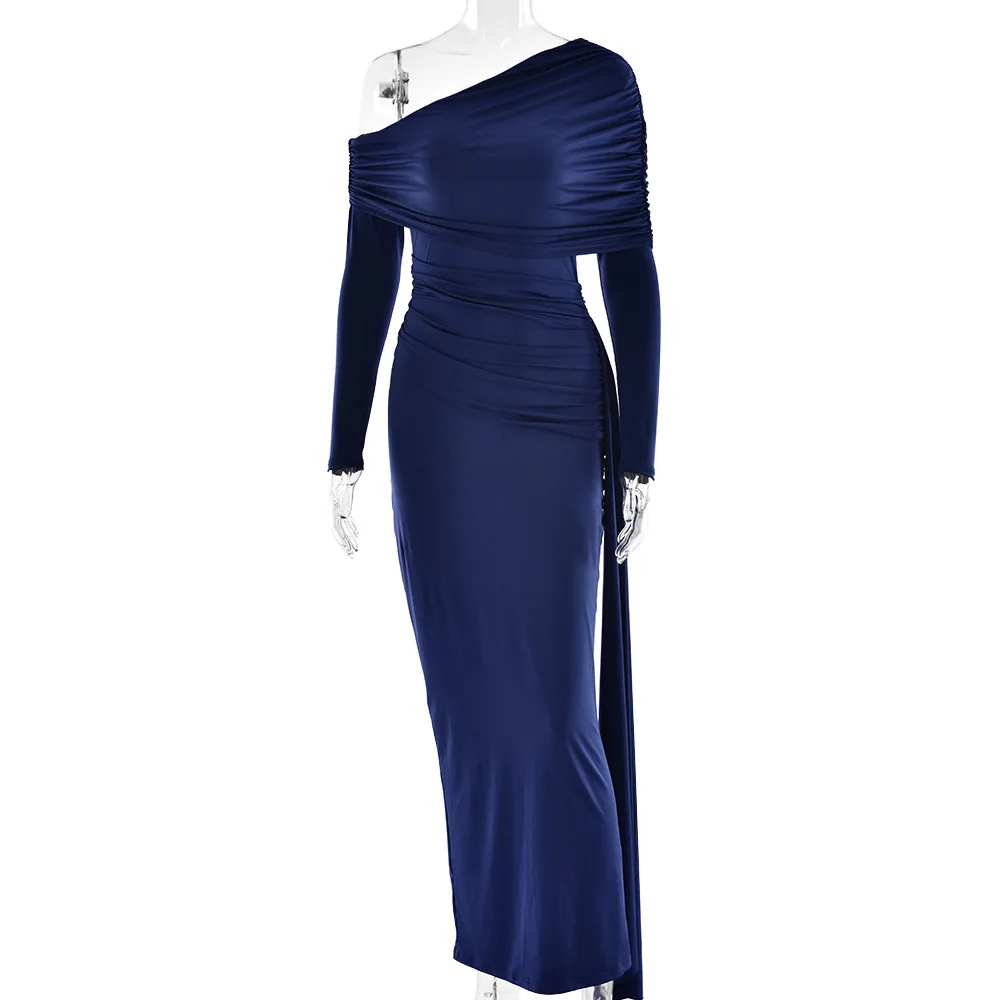 2025 Nieuwe hot-selling asymmetrische schouderlint bodycon lange mode sexy ruches slim fit jurk