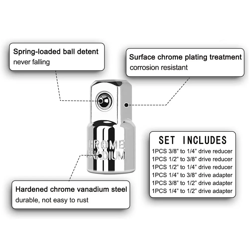 1/4" 3/8" 1/2" Ratchet Wrench Adapter Chrome Vanadium Steel Ratchet/Socket Extension/Conversion Kit for Automotive Maintenance image 6