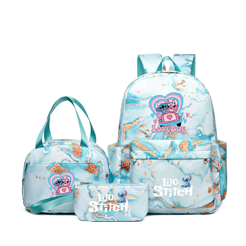 Stitch & Angel Backpack, Casual Daypack With Lunch Bag & Pencil Case, Durable School Bags With Adjustable Straps For Daily Use