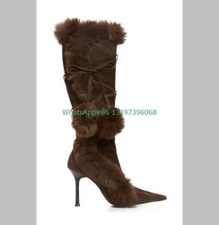 Lady fluffmeknot pointed toe boots brown suede boots feather winner causal high heels boots stiletto heel fur brown boots size