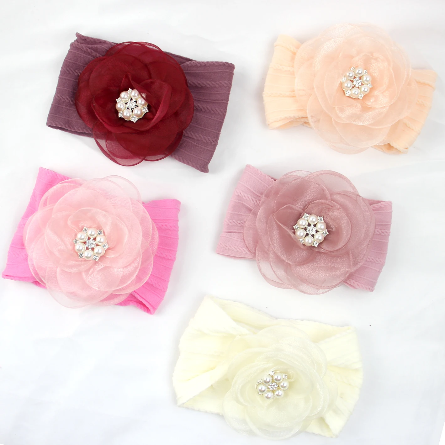 Boutique Stone Chiffon Flower Wide Cable Printed Nylon Turban Headband Baby Newborn Soft Headband Baby Girls Diamond Headwraps