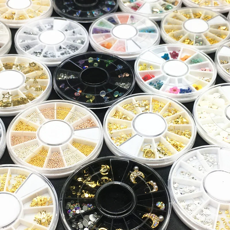 3 pudełka metalowe matowe różowe złoto akcesoria do paznokci geometryczne kołki do kół suszone kwiaty złote 3D dekoracje artystyczne do paznokci DIY