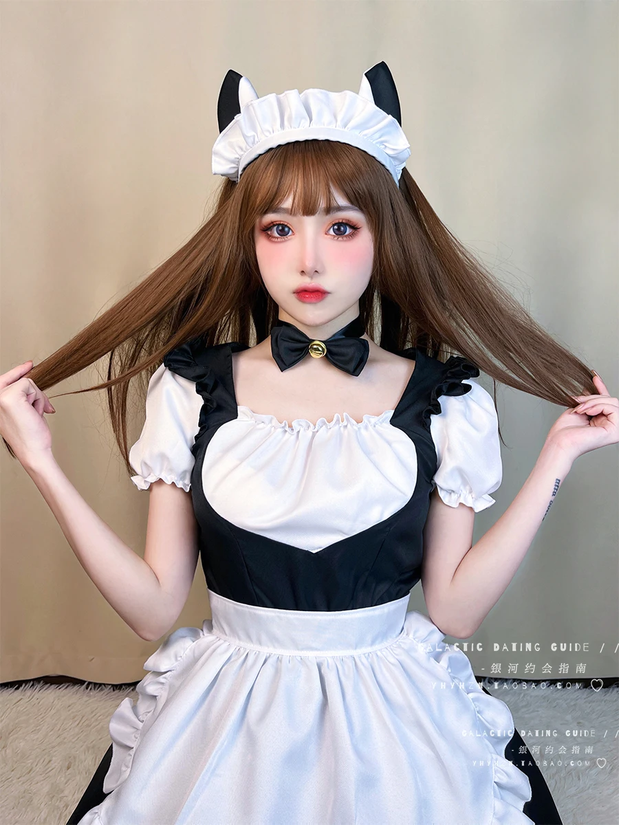 L-5XL 대형 로리타 복숭아 하트 메이드 Cos 섹시한 고양이 귀 일본 드레스 여름 달콤한 짧은 소매 스퀘어 넥 짧은 드레스