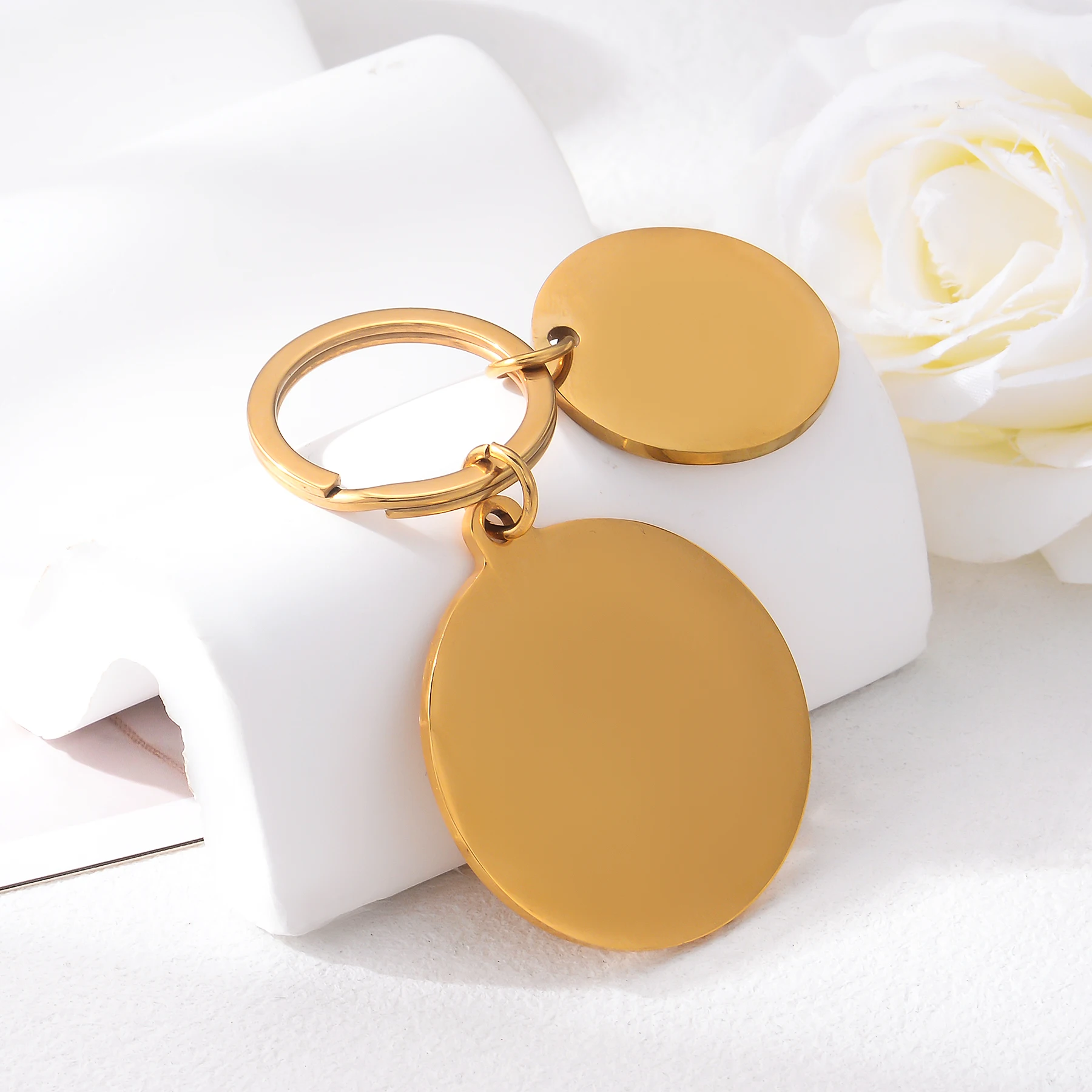 1Piece Polishing Round Keychain Engraved Text Name Logo Customized Stainless Steel Key Chain DIY Jewelry Gift for Women