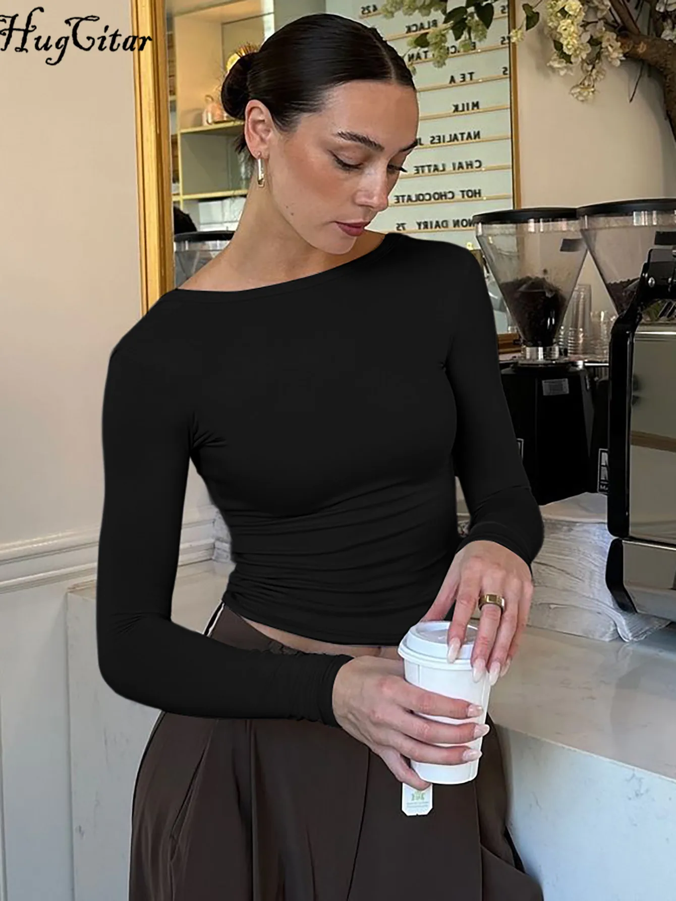 Hugcitar المرأة الأزياء الصلبة س الرقبة عارية الذراعين كم طويل مثير سليم المحاصيل تي شيرت أعلى الخريف عارضة الزي حزب مهرجان نادي