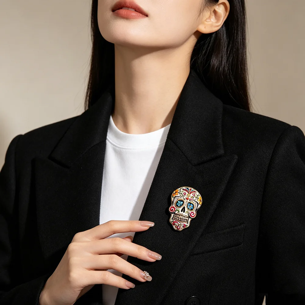 Jardme Colorful Skull Brooches For Women Men Mexican Day Of The Dead Floral Pattern Skeleton Party Casual Brooch Pin Gifts