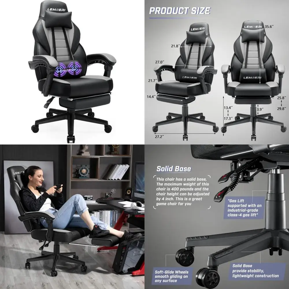 كراسي ألعاب مريحة مع مسند للقدمين للبالغين، كبيرة وطويلة، سعة 400 رطل، نمط سباق، جلوس مريح لألعاب الفيديو