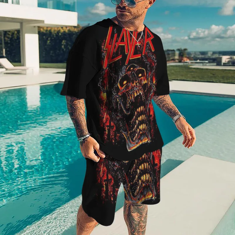 New Stylish Men's Beach Shorts Set 3D Print Hip Hop Trend Short Sleeve T-shirt+Shorts 2 Pcs Set Summer Oversized Tracksuit Suits