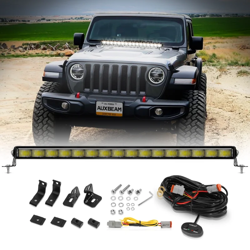 32 Inch LED Light Bar with White&Amber DRL 1 / 2 Row LED Work Light Bar with Side&Bottom Bracket DT Plug Adapter Wiring Harness