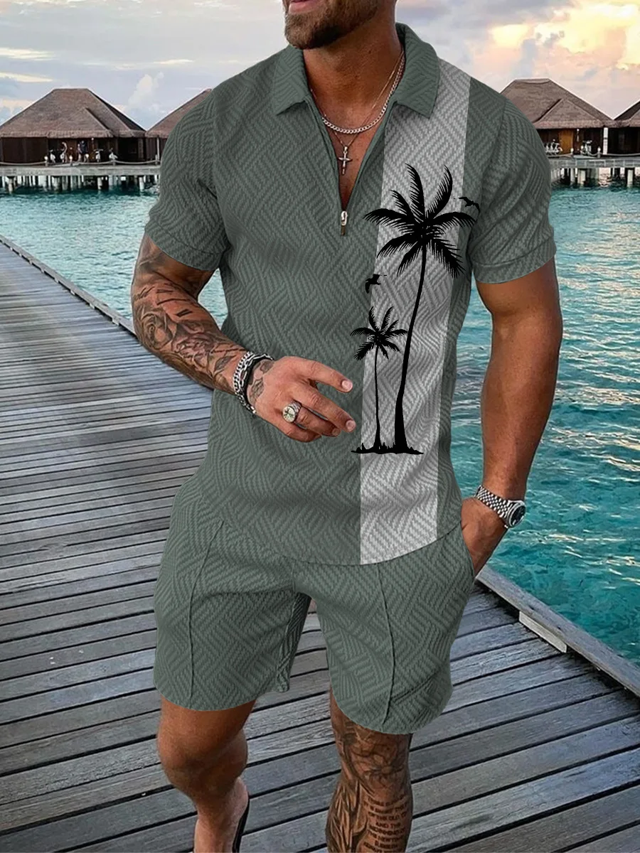 Hawaii 2pcs sets 3D Coconut tree print Zipper Polo Shirt Short Sleeve Shirt+Shorts Casual Fashion Zip-Up Unisex 2PCS Sweatshirt