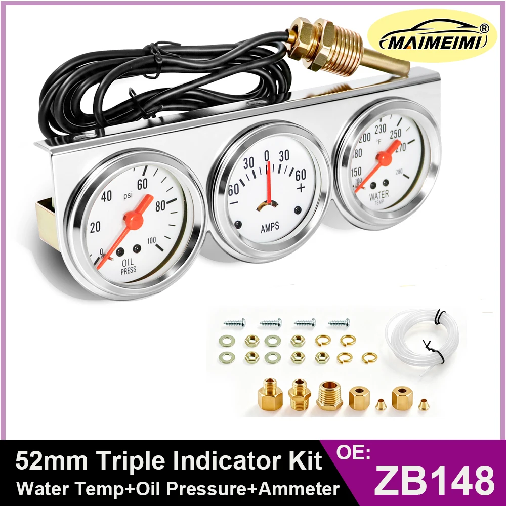 3-Gauge Mechanical Kit Universal Chrome 52mm Panel Water Temp 100-280°℉ Oil Pressure 0-100psi  Ammeter -60-+60 amps Triple Gauge