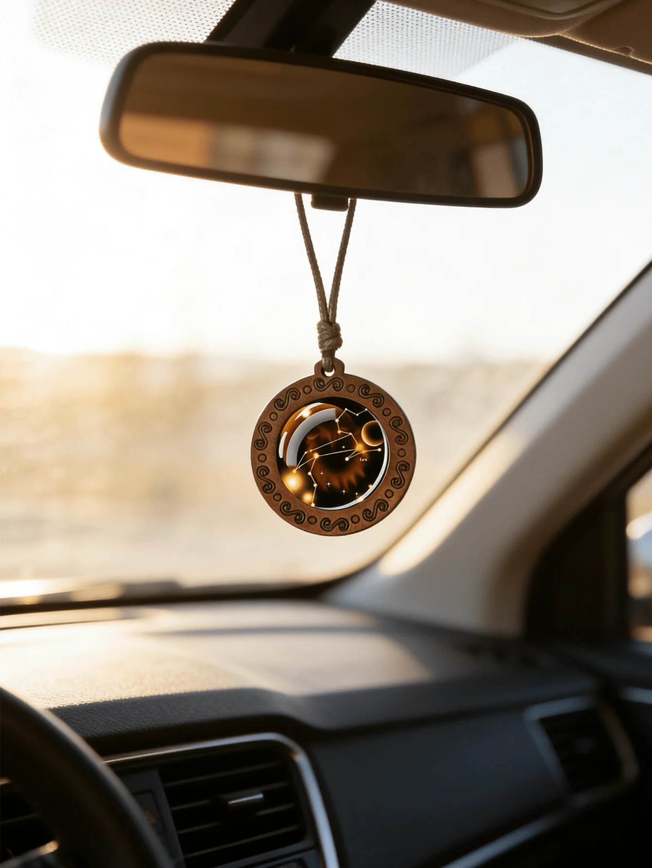 Personalized and Stylish Car Rearview Mirror with Starry Sky and Universe Design, Featuring a Retro Wooden Design and 12 Zodiac view 4