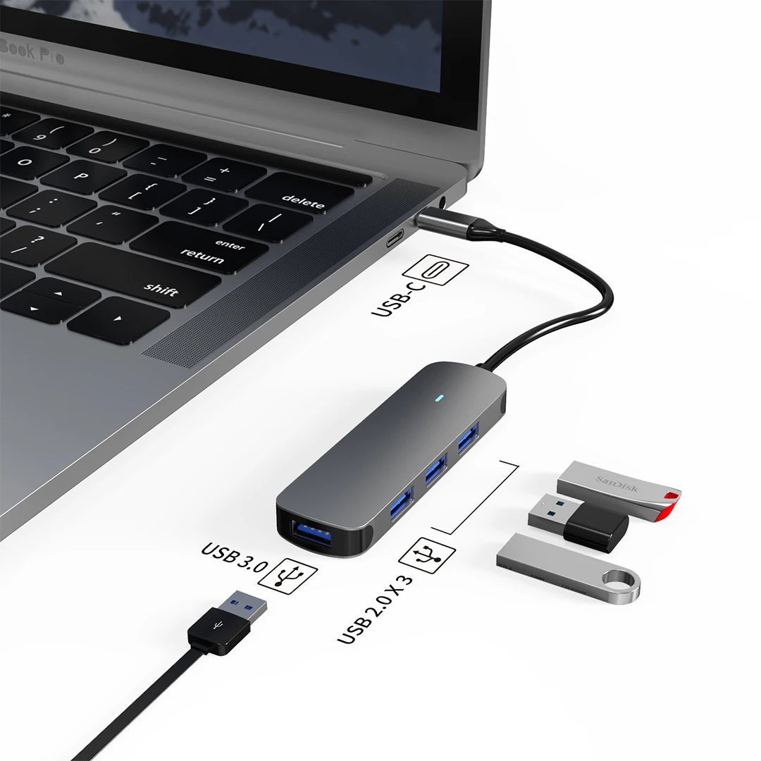 Hub USB C adattatore multiporta 5 in 1 porte USB 3.0/2.0, porta di ricarica per alimentazione di tipo C 100W, compatibile con tutti i dispositivi