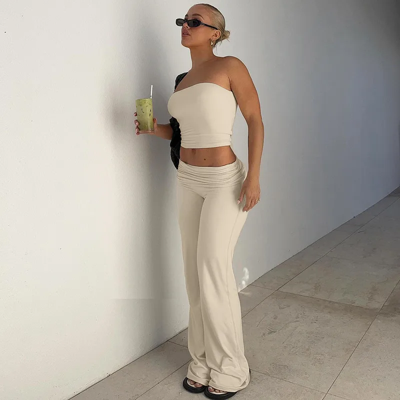 2-Piece Crop Top and Pleated High-Waisted Flared Pants Suit for Women, White Casual Streetwear, Fall Fashion, 2024