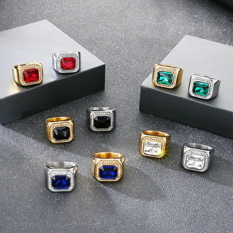 Fongten Affordable Luxury Comfortable Green Stone Rhinestone Stainless Steel Ring Steady Men's Fashion Jewelry Banquet Gifts