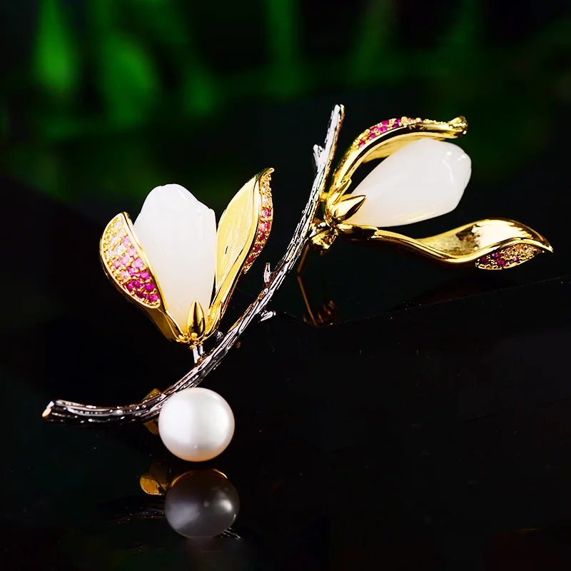 Chinese Style Elegant Two Tone Magnolia Flower Brooch Freshwater Pearl Lucky Auspicious Blessing Pin For Women Daily Party Gift