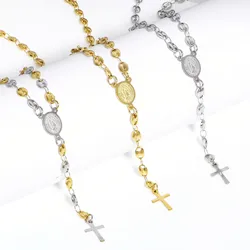 304 Stainless Steel Religious Pig Nose Chain Prayer Beads Rosary Necklace Cross Virgin Mary For Men Women 50cm(19 5/8