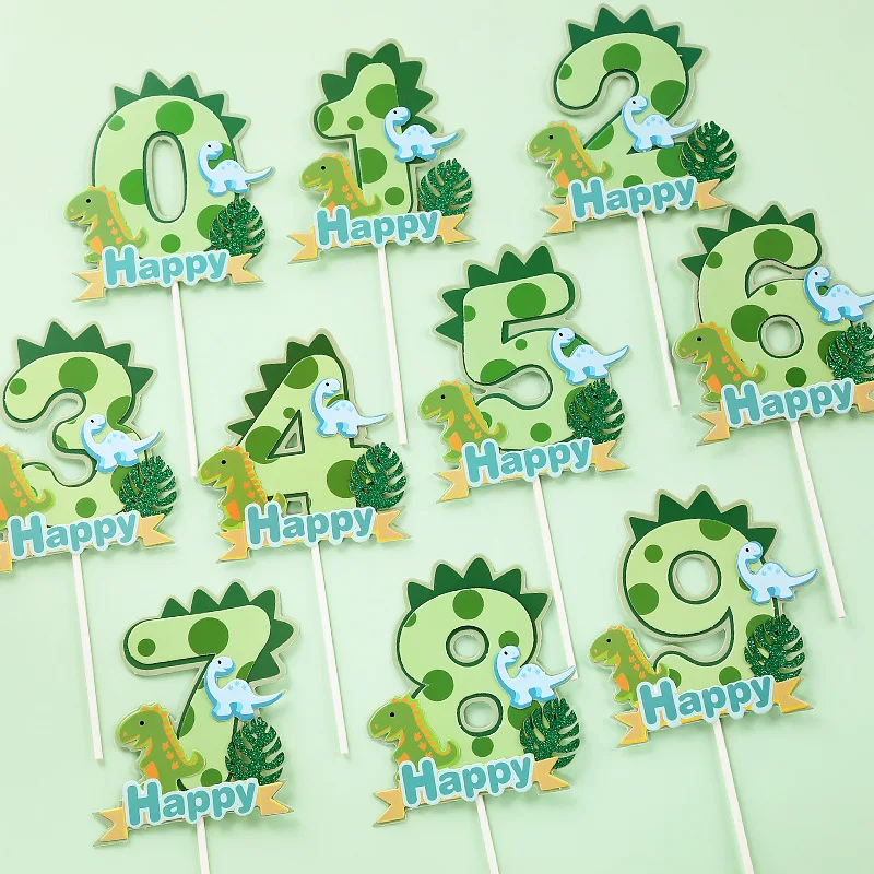 Green Dinosaur Digital 0-9 Cake Toppper Happy Birthday Cartoon Personalized Dinosaur Cake Accessories Birthday Party Decorations