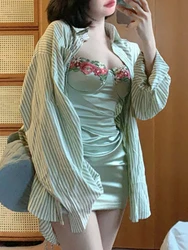 2024 New Sweet Floral Dress Set Woman Casual Green Cardigan Elegant Striped Y2k Mini Dress Beach Korean Fashion Kawaii Suit