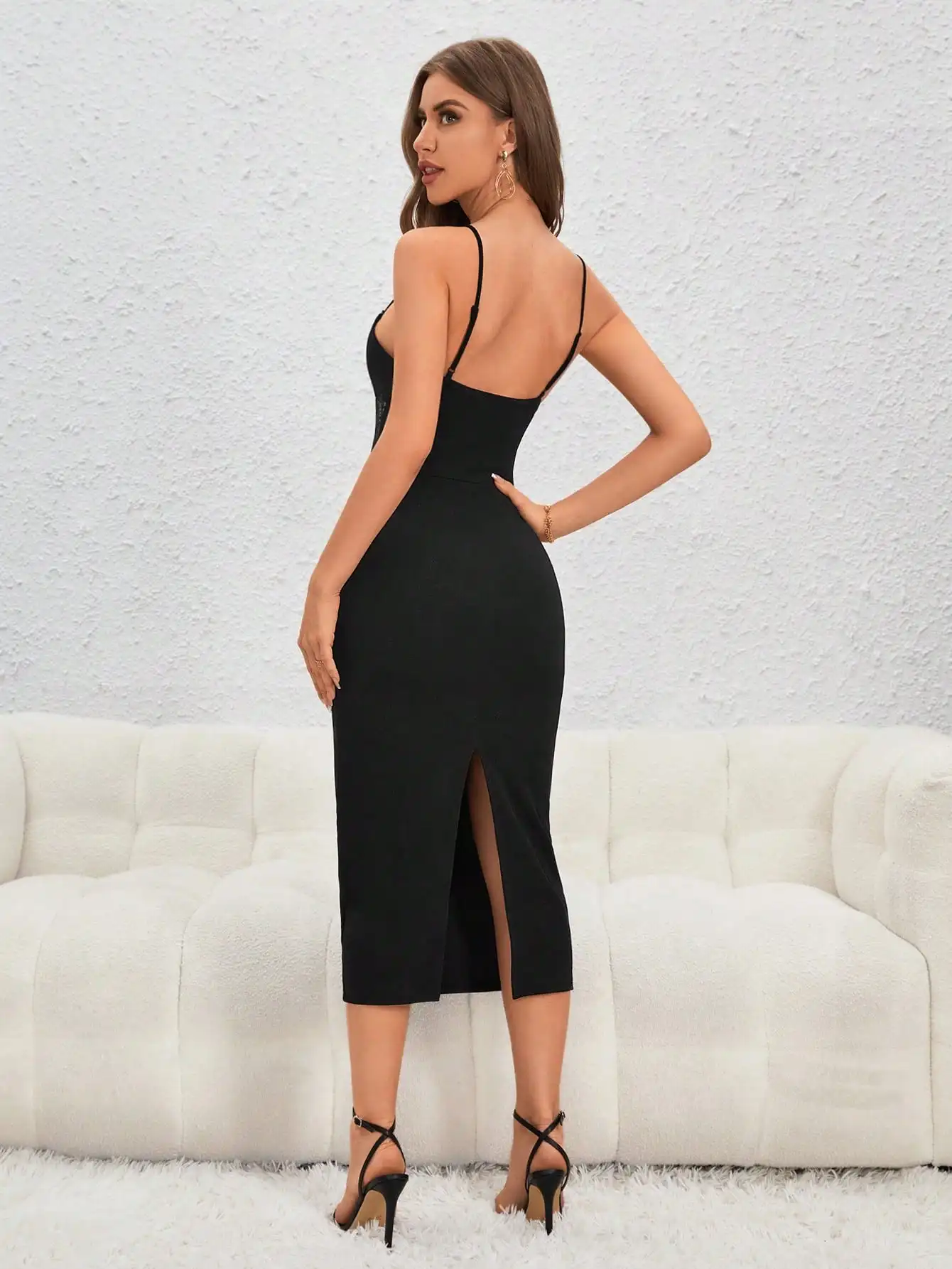 Black Lace Cami Dress with Corset Detail, Bodycon Midi for Evening & Party